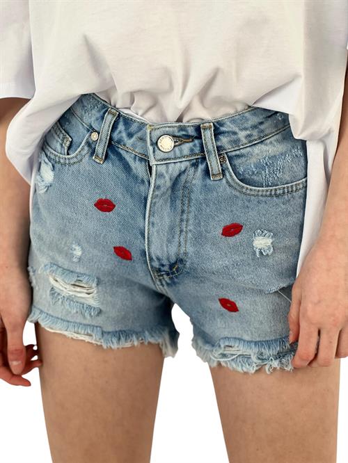 Ripped Denim Shorts with Lip Embroidery Detail