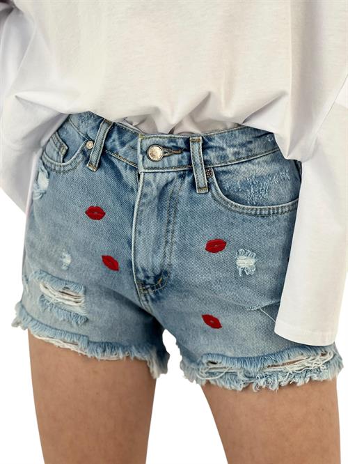 Ripped Denim Shorts with Lip Embroidery Detail