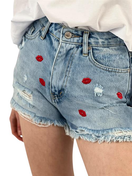 Ripped Denim Shorts with Lip Embroidery Detail
