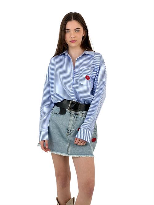 Blue Striped Oversize Shirt - With Embroidery Detail
