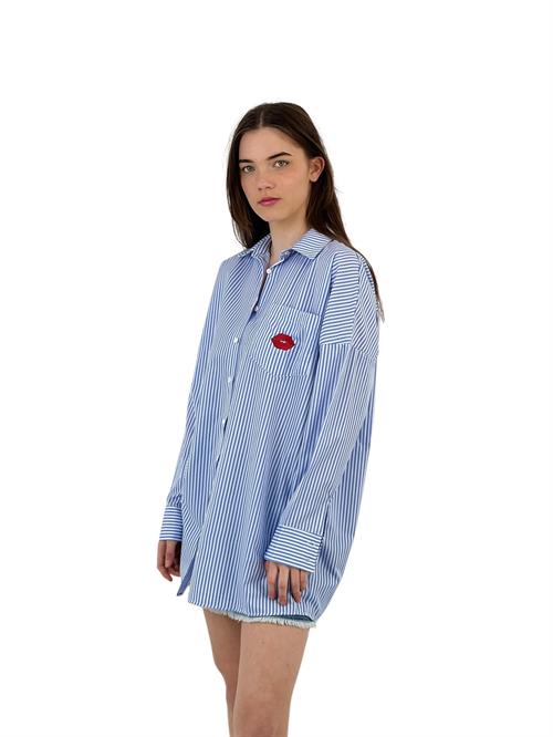 Blue Striped Oversize Shirt - With Embroidery Detail