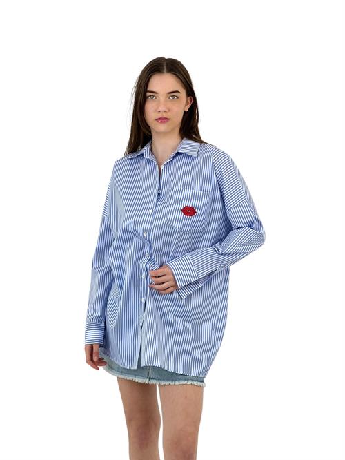 Blue Striped Oversize Shirt - With Embroidery Detail