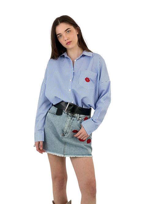 Blue Striped Oversize Shirt - With Embroidery Detail