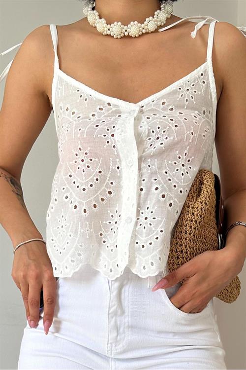 Wholesale Lace-up Brode Blouse - White