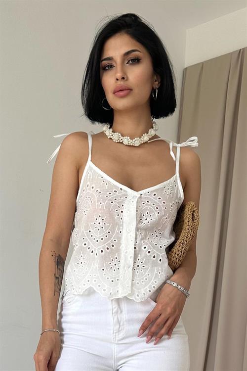 Wholesale Lace-up Brode Blouse - White