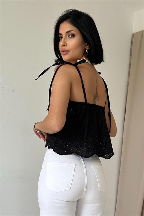 Wholesale Lace-up Brode Blouse - Black