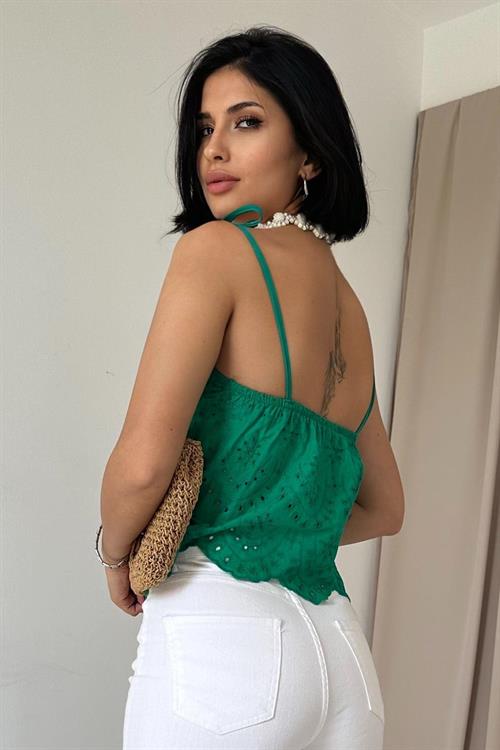 Wholesale Lace-up Brode Blouse - Green