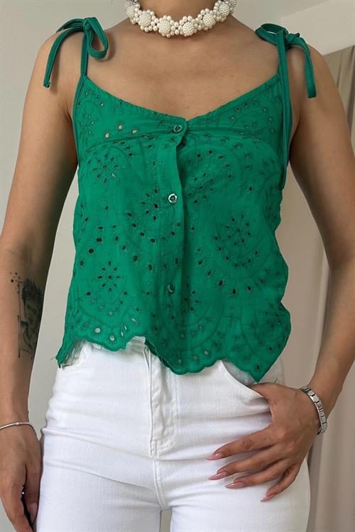 Wholesale Lace-up Brode Blouse - Green