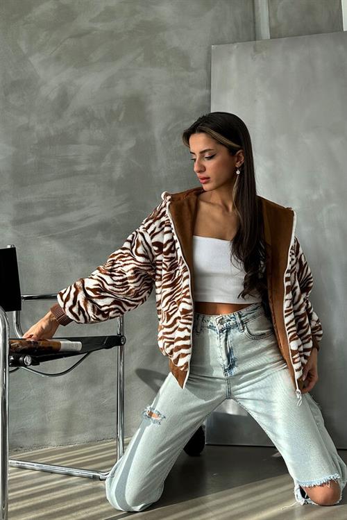 Bakili Plush Wholesale Coat - Taba Zebra