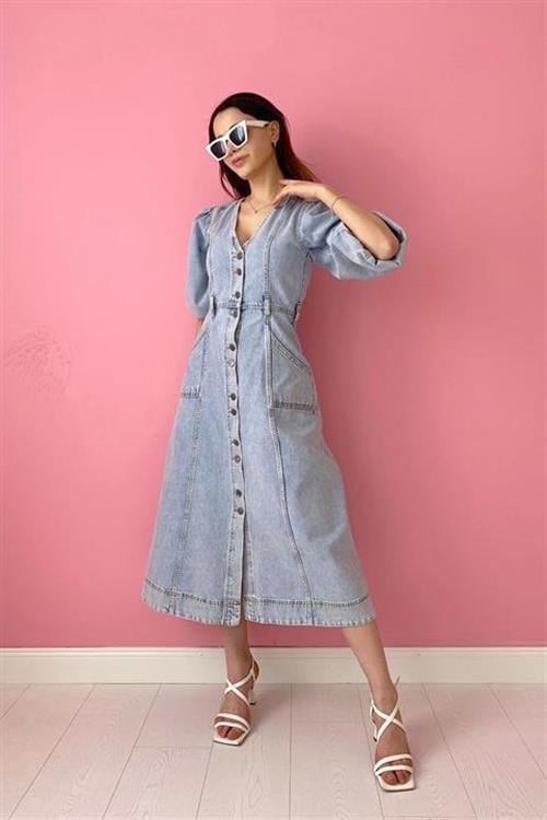 Wholesale Snow Wash Balloon Sleeve Denim Dress