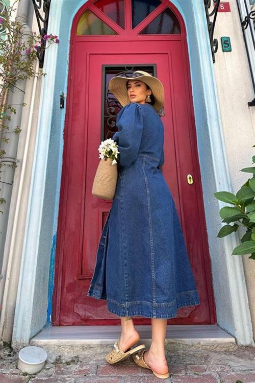 Wholesale Dark Blue Balloon Sleeve Denim Dress