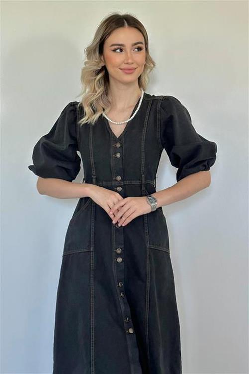 Wholesale Black Balloon Sleeve Denim Dress