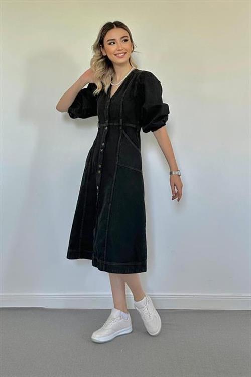 Wholesale Black Balloon Sleeve Denim Dress