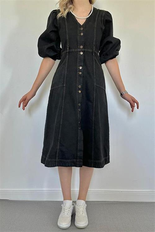 Wholesale Black Balloon Sleeve Denim Dress