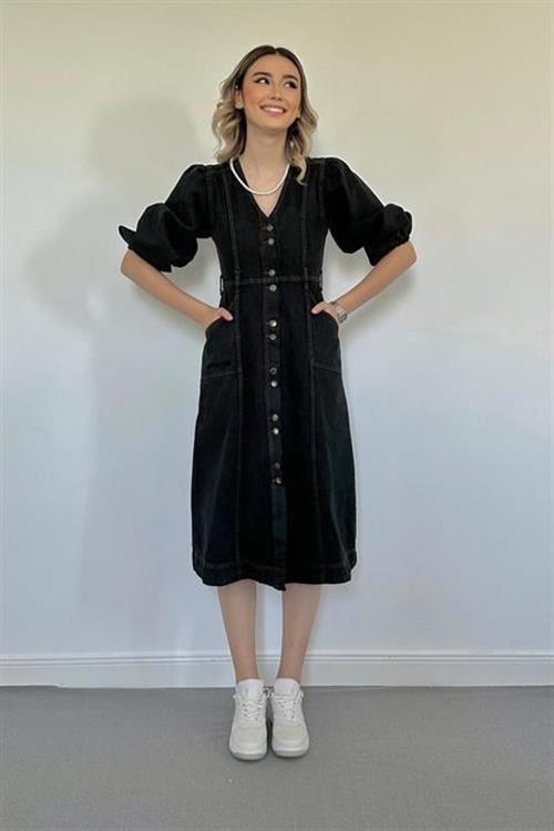 Wholesale Black Balloon Sleeve Denim Dress
