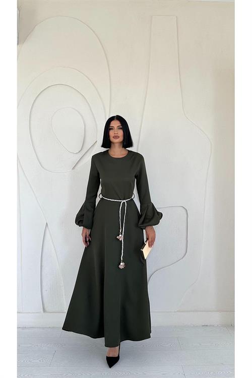 Toptan Haki Balon Kollu Kuşaklı Elbise
