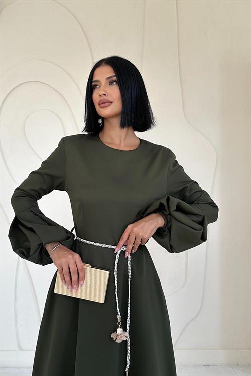 Toptan Haki Balon Kollu Kuşaklı Elbise