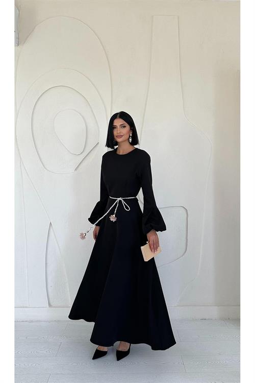 Toptan Haki Balon Kollu Kuşaklı Elbise