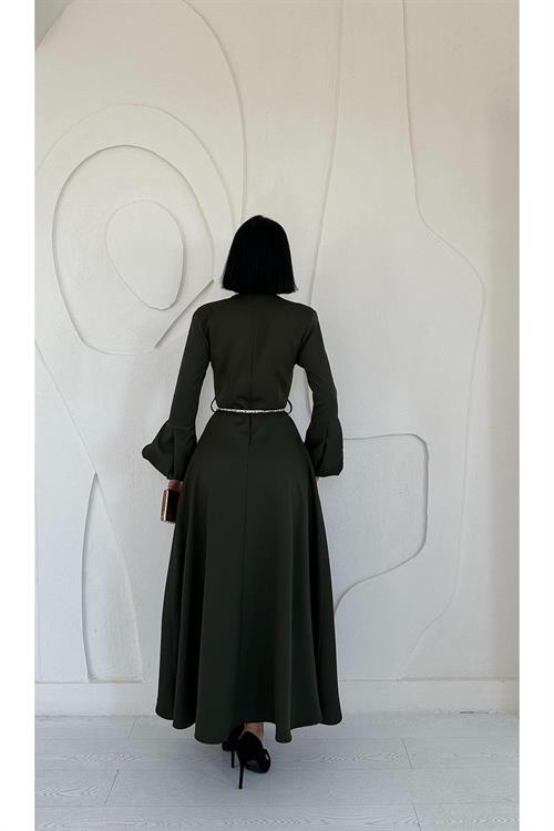 Toptan Haki Balon Kollu Kuşaklı Elbise