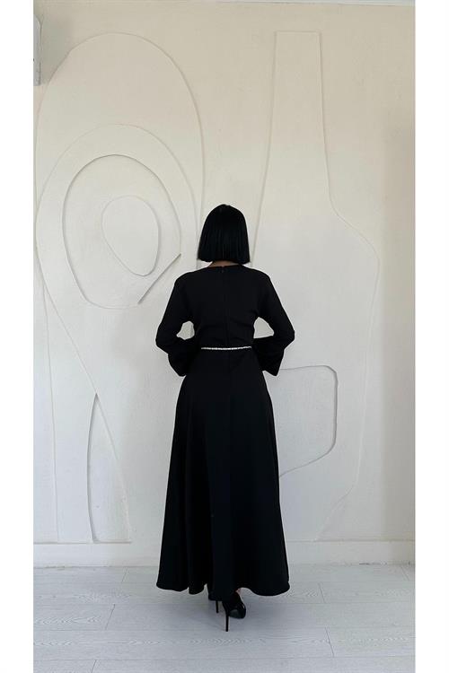 Toptan Siyah Balon Kollu Kuşaklı Elbise