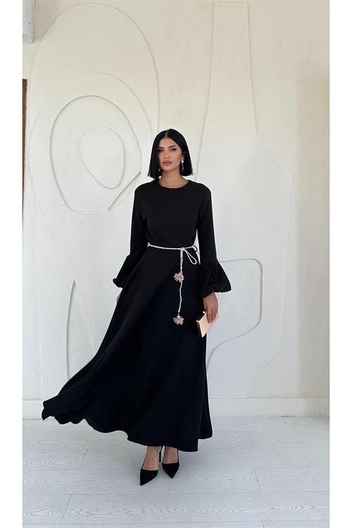 Toptan Siyah Balon Kollu Kuşaklı Elbise