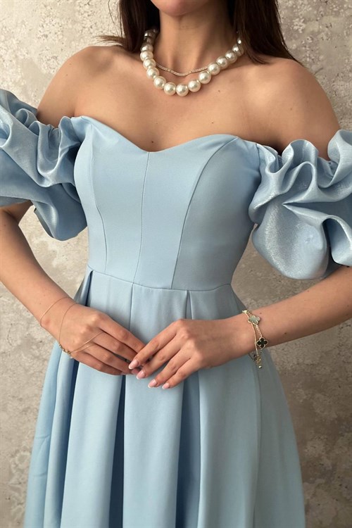Wholesale Baby Blue Midi Dress with Puff Satin Sleeves
