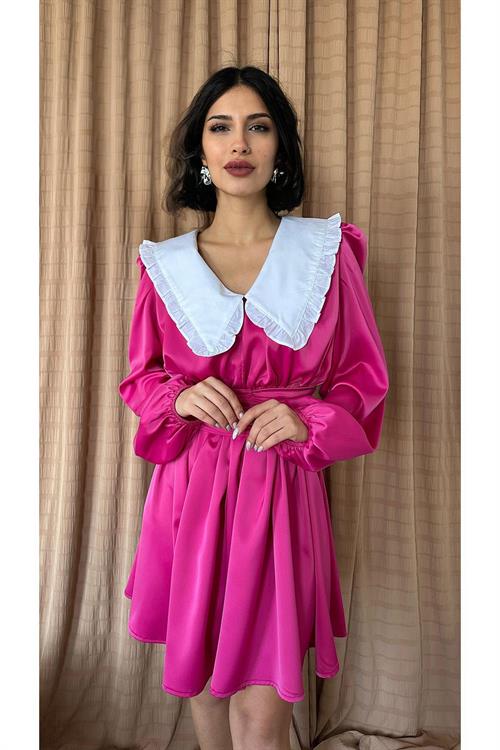 Toptan Fuşya Bebe Yakalı Elbise