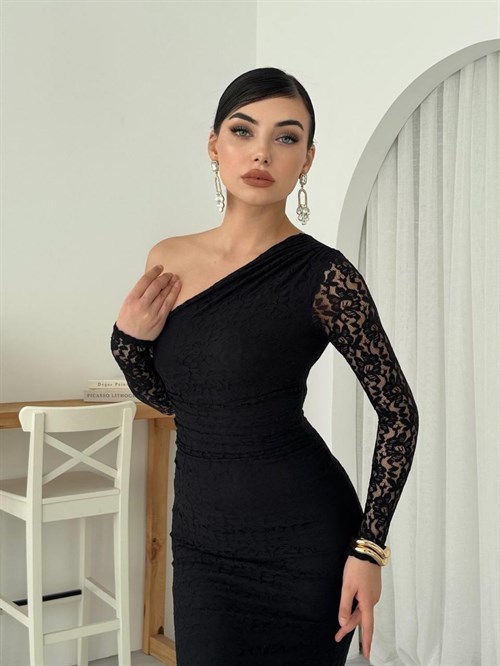 Bees One Shoulder Detailed Dress - Black