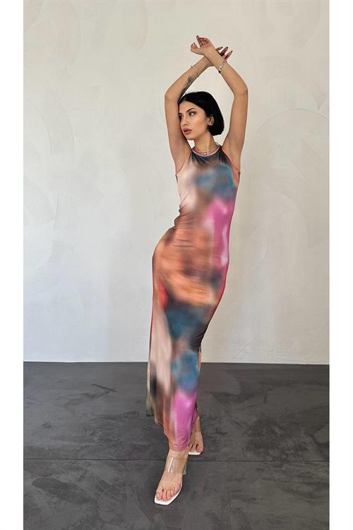 Toptan Bej Batik Desenli Elbise