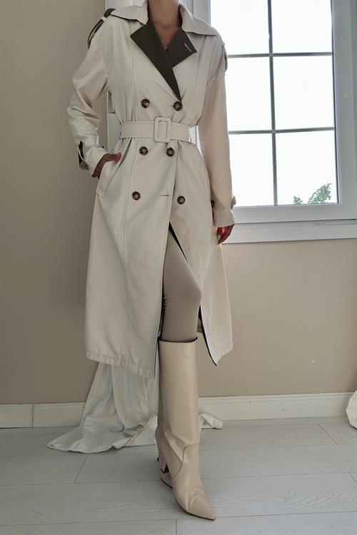 Wholesale Trench Coat With Stripes And A Belt On The Back - Beige Khaki