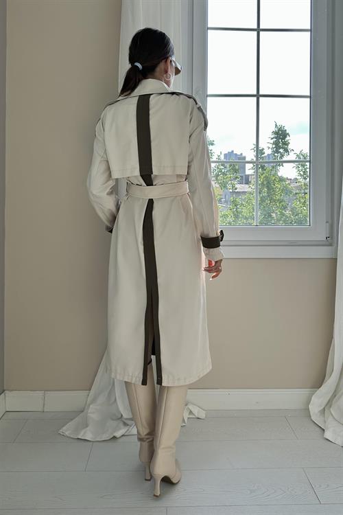 Wholesale Trench Coat With Stripes And A Belt On The Back - Beige Khaki