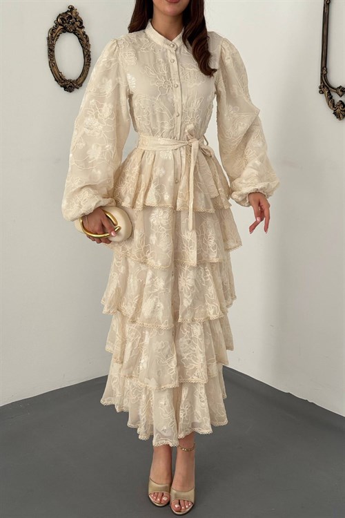 Wholesale Beige Tiered Embroidered Maxi Dress