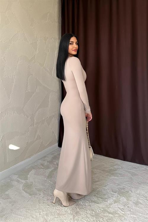 Toptan Bej Vücudu Saran Uzun Elbise