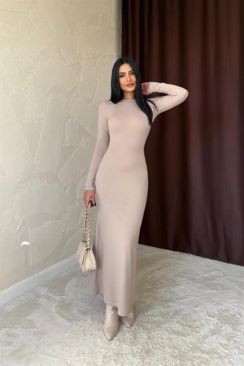 Toptan Bej Vücudu Saran Uzun Elbise