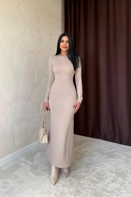 Toptan Bej Vücudu Saran Uzun Elbise