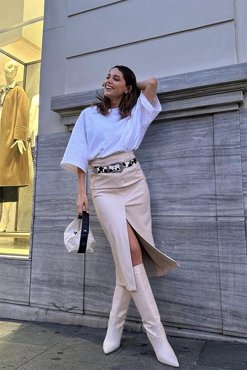 Wholesale Beige Leather Skirt with Front Slit