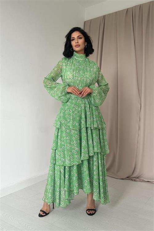 Toptan Yeşil Bel Detaylı Elbise