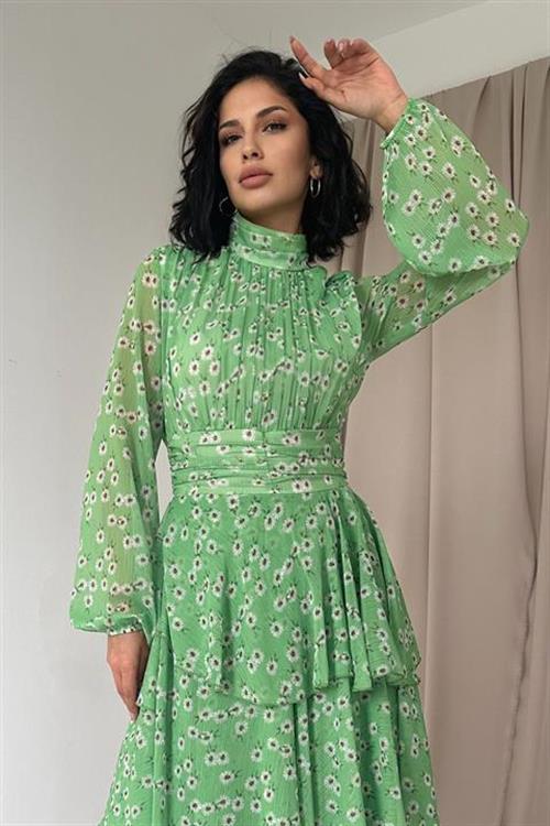 Toptan Yeşil Bel Detaylı Elbise