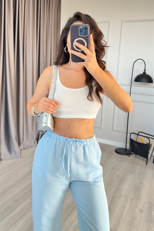 Beli Bağcık Bağlamalı Bebe Mavisi Keten Toptan Pantolon