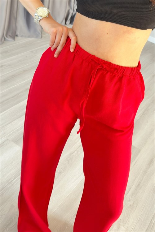 Beli Bağcık Bağlamalı Kırmızı Keten Toptan Pantolon