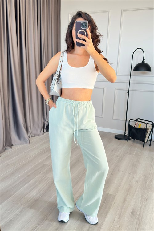 Beli Bağcık Bağlamalı Mint Keten Toptan Pantolon