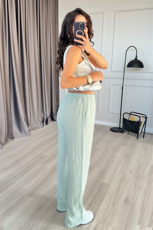 Beli Bağcık Bağlamalı Mint Keten Toptan Pantolon