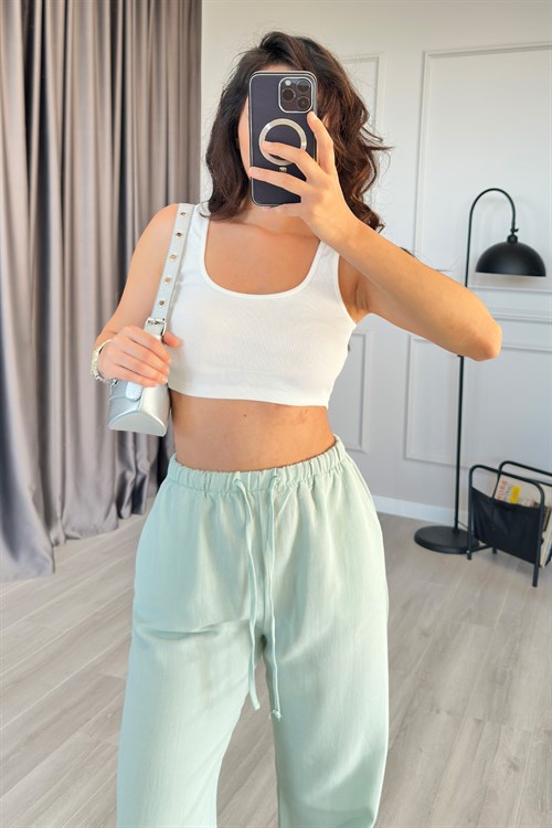 Beli Bağcık Bağlamalı Mint Keten Toptan Pantolon