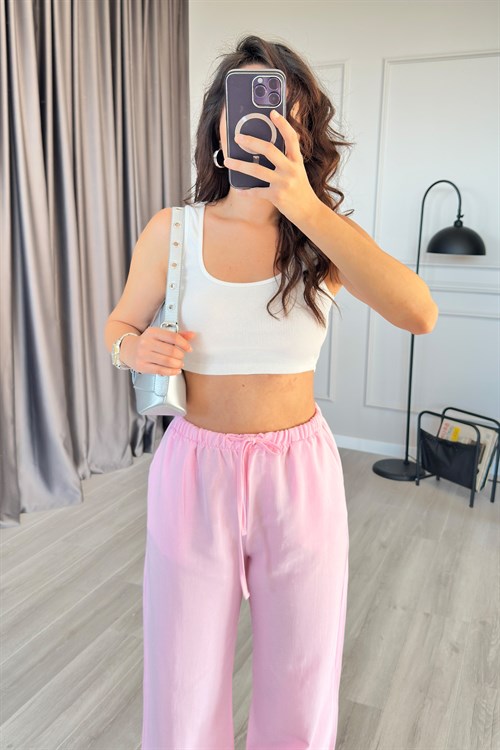 Beli Bağcık Bağlamalı Pembe Keten Toptan Pantolon