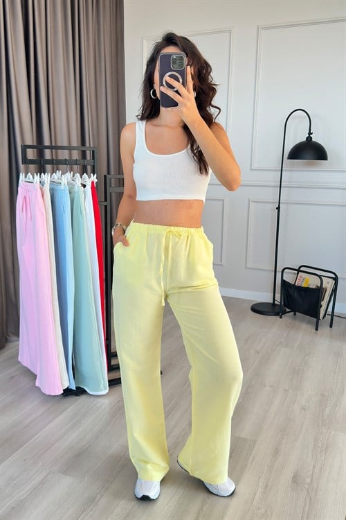 Beli Bağcık Bağlamalı Sarı Keten Toptan Pantolon