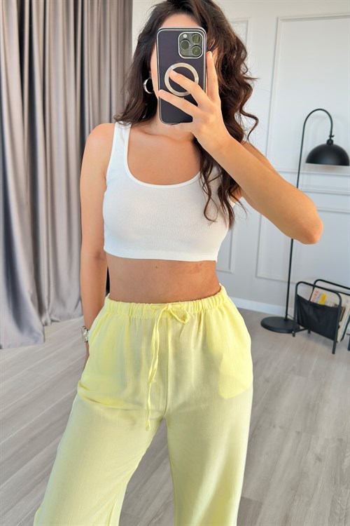 Beli Bağcık Bağlamalı Sarı Keten Toptan Pantolon