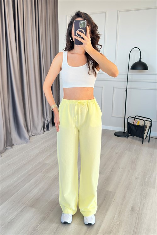 Beli Bağcık Bağlamalı Sarı Keten Toptan Pantolon