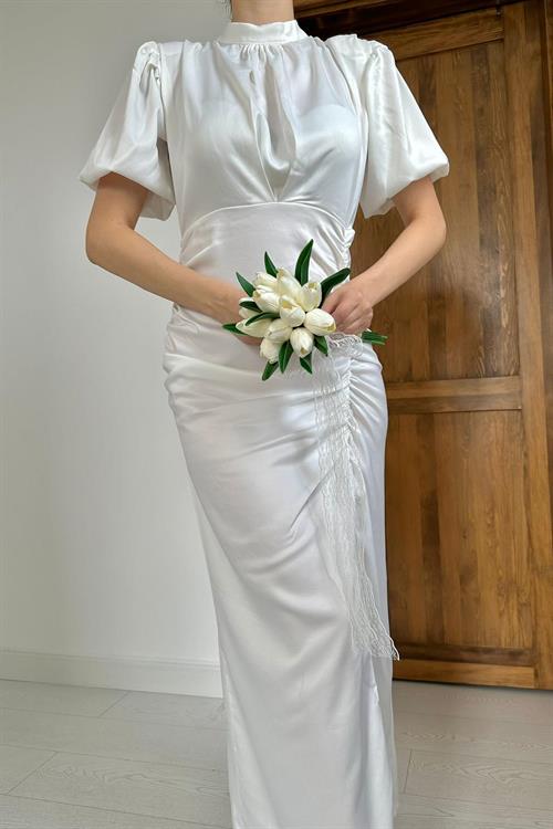 Wholesale White Shirred Satin Dress