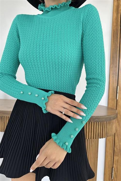Wholesale Green Cable-Knit Turtleneck Sweater