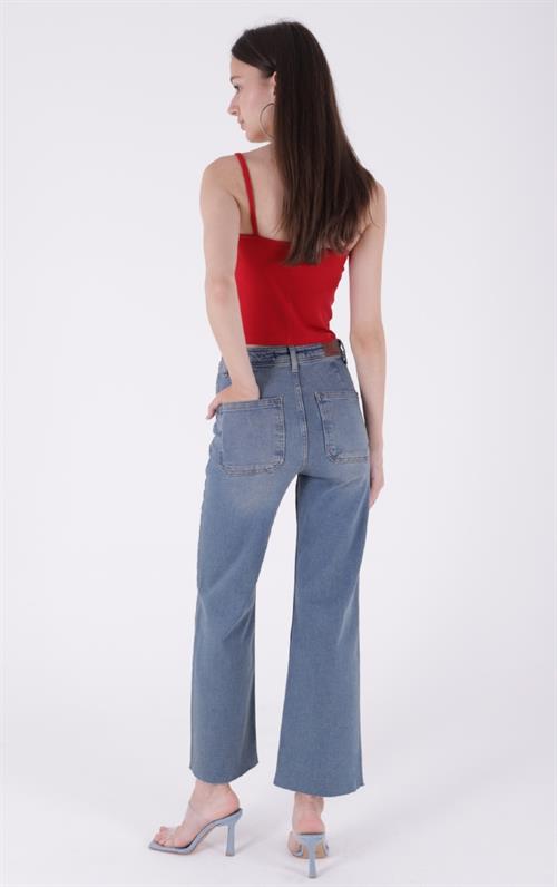 Wide Leg Palazzo Relaxed Jean with Decorative Front Pockets 1710 (Mixed) Dark Tinted Denim (28-33)